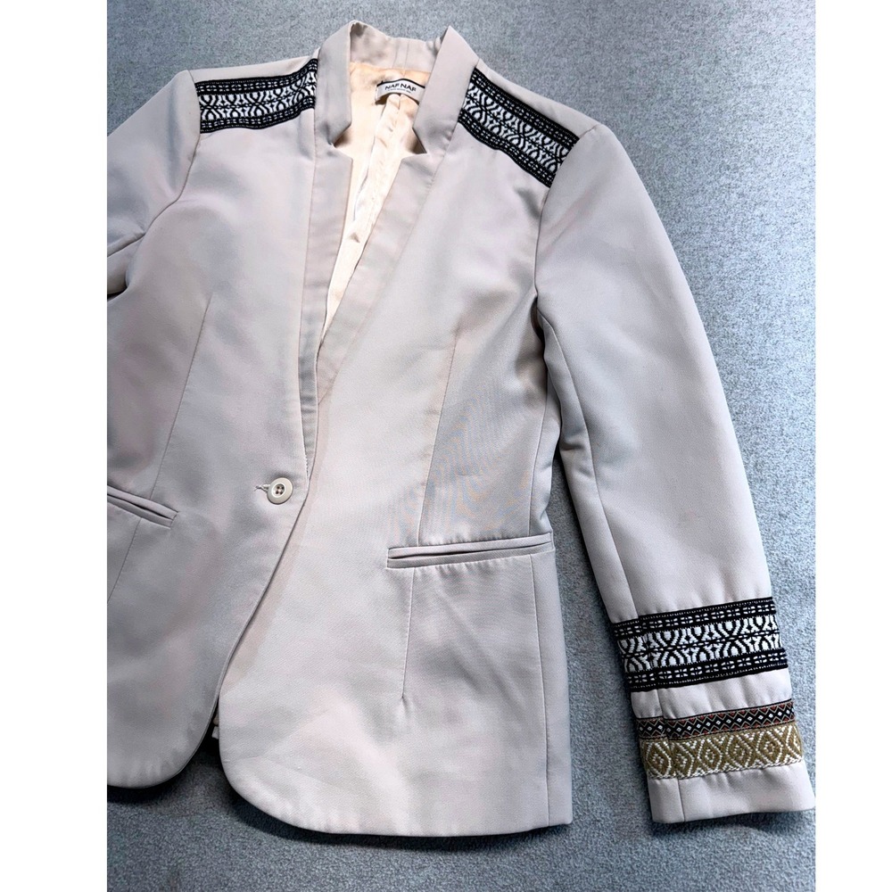 Naf Naf Blazer Womens Small Cream Embroidered Shoulder Cuff Single Button Jacket - Picture 3 of 11
